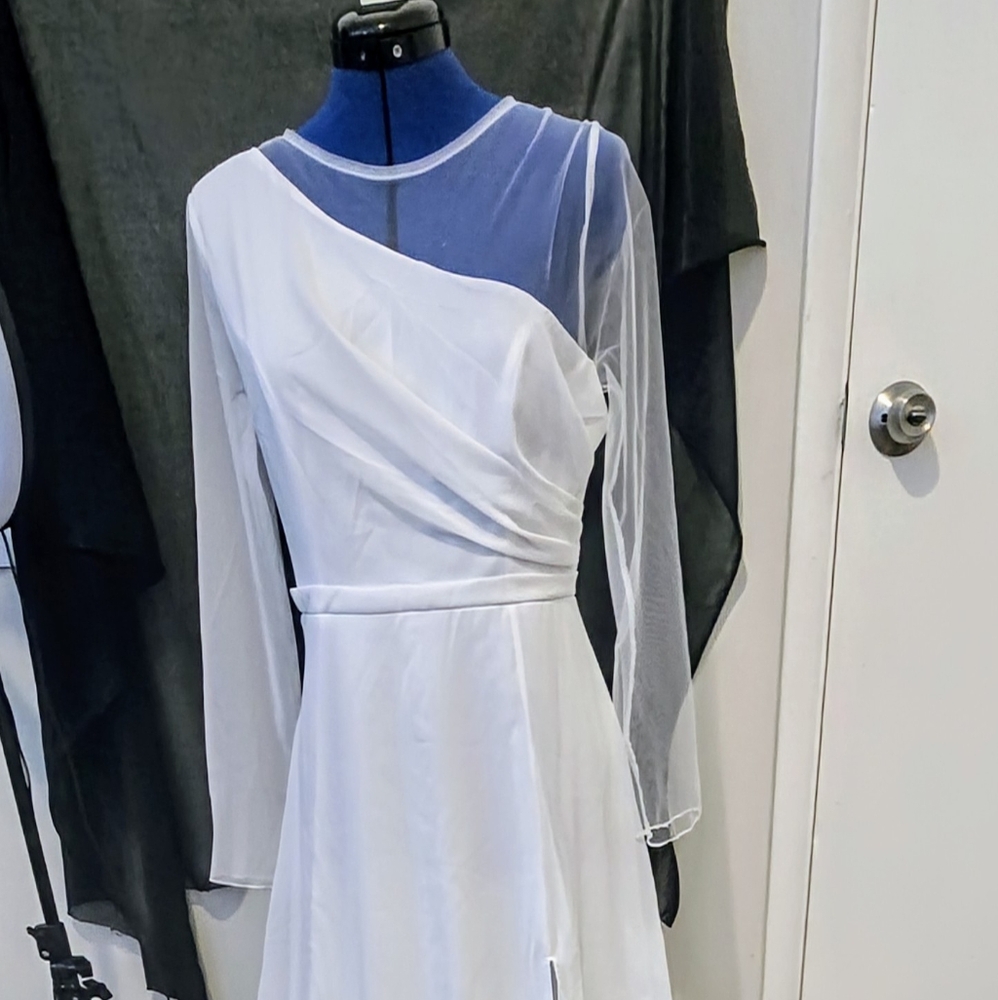 Chic One Shoulder White Dress with Sheer Sleeve